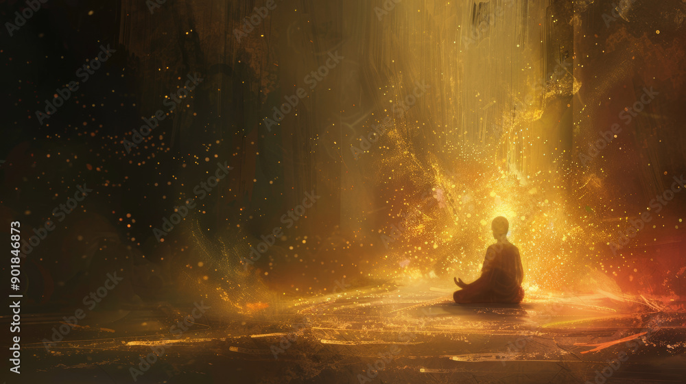 Illustrate a meditator surrounded by a subtle glow or light, symbolizing the flow of energy through chakras or the experience of spiritual enlightenment.