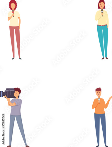 Live reporting icons set cartoon vector. Journalist interview recording. Journalism concept
