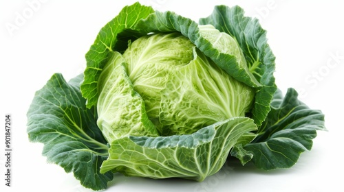 Fresh green cabbage head isolated on a pure white background
