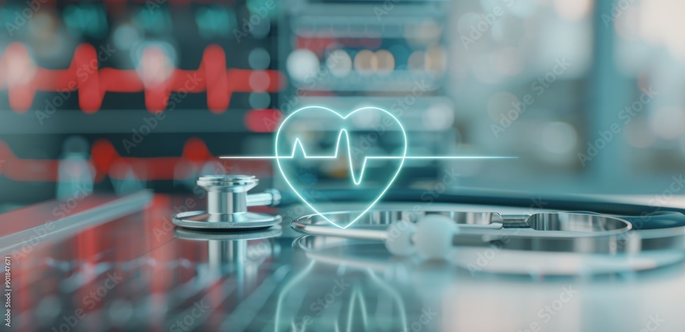 Fototapeta premium Stethoscope and Heartbeat Icon on Digital Background