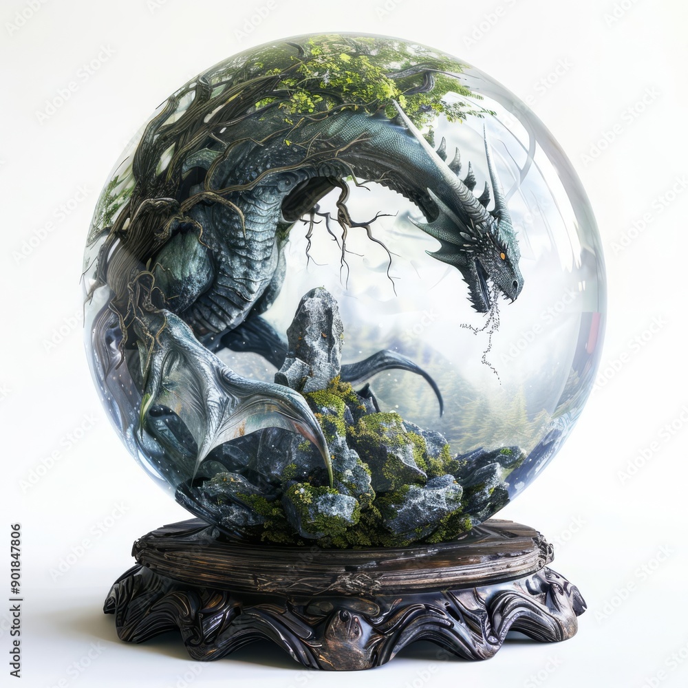 Crystal ball, dragon and enchanted forest, fantasy art, wild, isolated on white background Crystal ball, dragon and enchanted forest, fantasy art, wild, isolated on white background