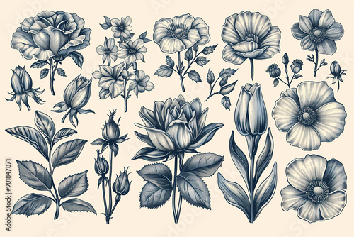 Retro, vintage flowers, hand drawn set. Engraving style 