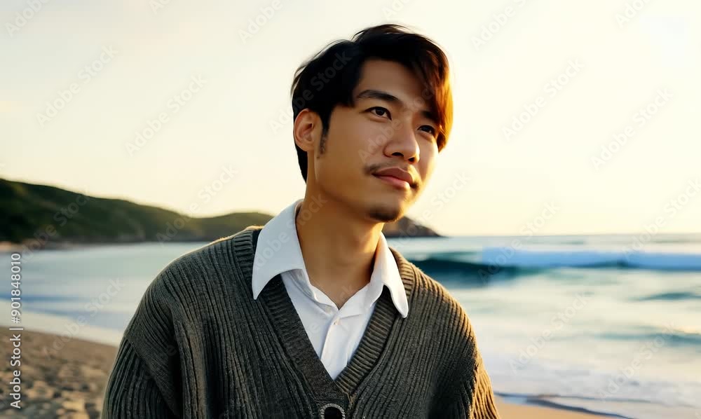 portrait of a Japanese man in his 20s wearing a chic cardigan against a beach background portrait of a Japanese man in his 20s wearing a chic cardigan against a beach background