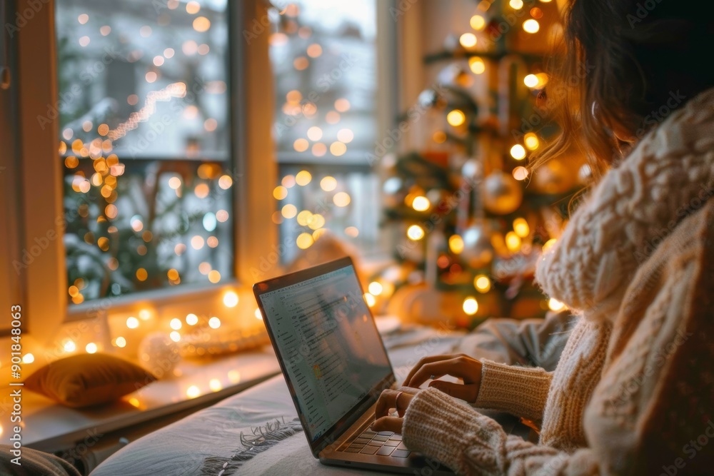 Black Friday Online Shopping: Person Comparing Prices on Laptop with Holiday Decorations Black Friday Online Shopping: Person Comparing Prices on Laptop with Holiday Decorations
