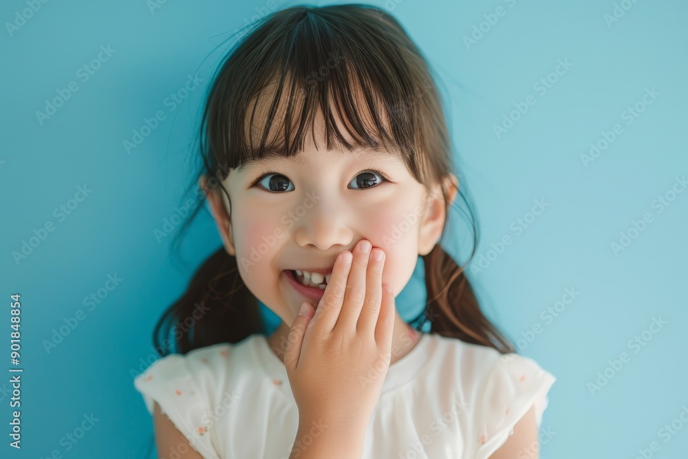 portrait of a young japanese kid covering her mouth with her hand portrait of a young japanese kid covering her mouth with her hand