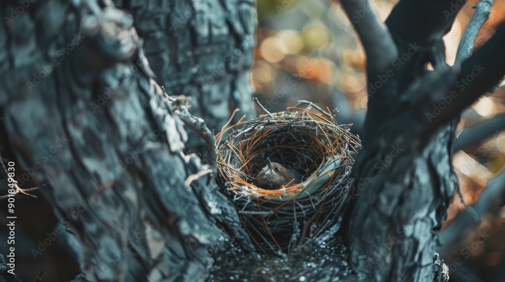 Abandoned bird s nest on tree trunk dry and padded Abandoned bird s nest on tree trunk dry and padded