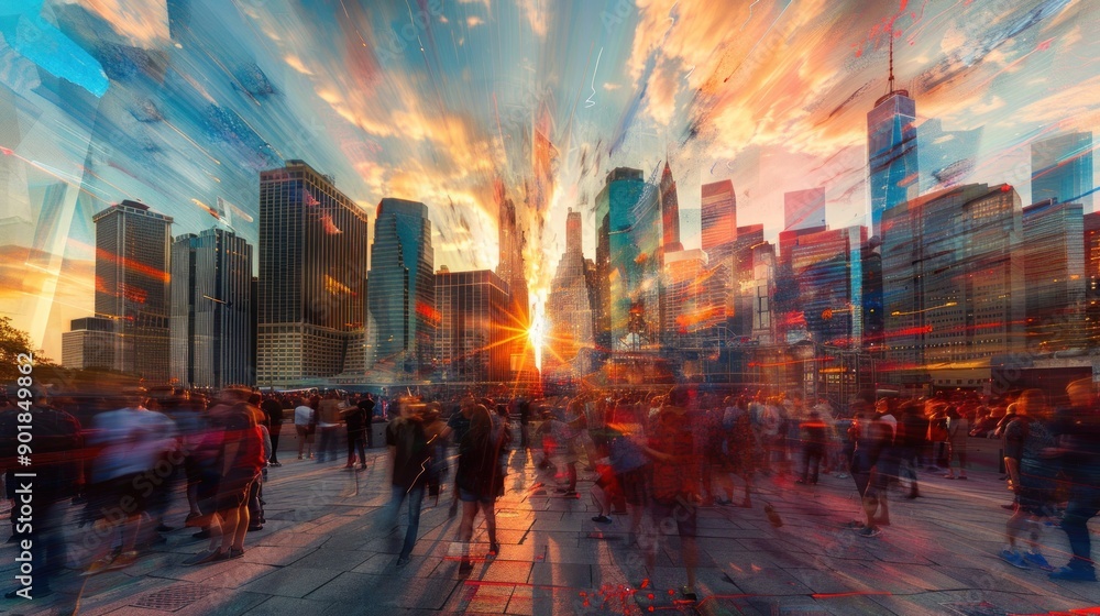 Cityscape with blurred people at sunset with motion blur. Cityscape with blurred people at sunset with motion blur.