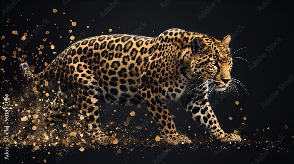 A close-up of a leopard with gold flecks on a black background A close-up of a leopard with gold flecks on a black background