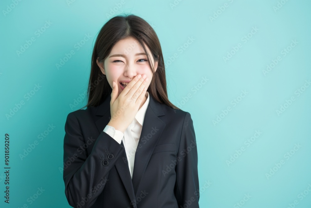 young japanese business woman covering her mouth with her hands - studio portrait young japanese business woman covering her mouth with her hands - studio portrait