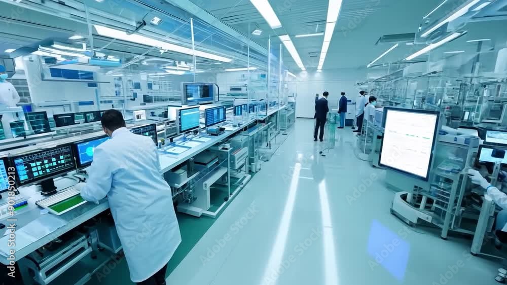 A clean room laboratory with multiple workers wearing lab coats and face masks, working on computers and conducting research experiments. A clean room laboratory with multiple workers wearing lab coats and face masks, working on computers and conducting research experiments.