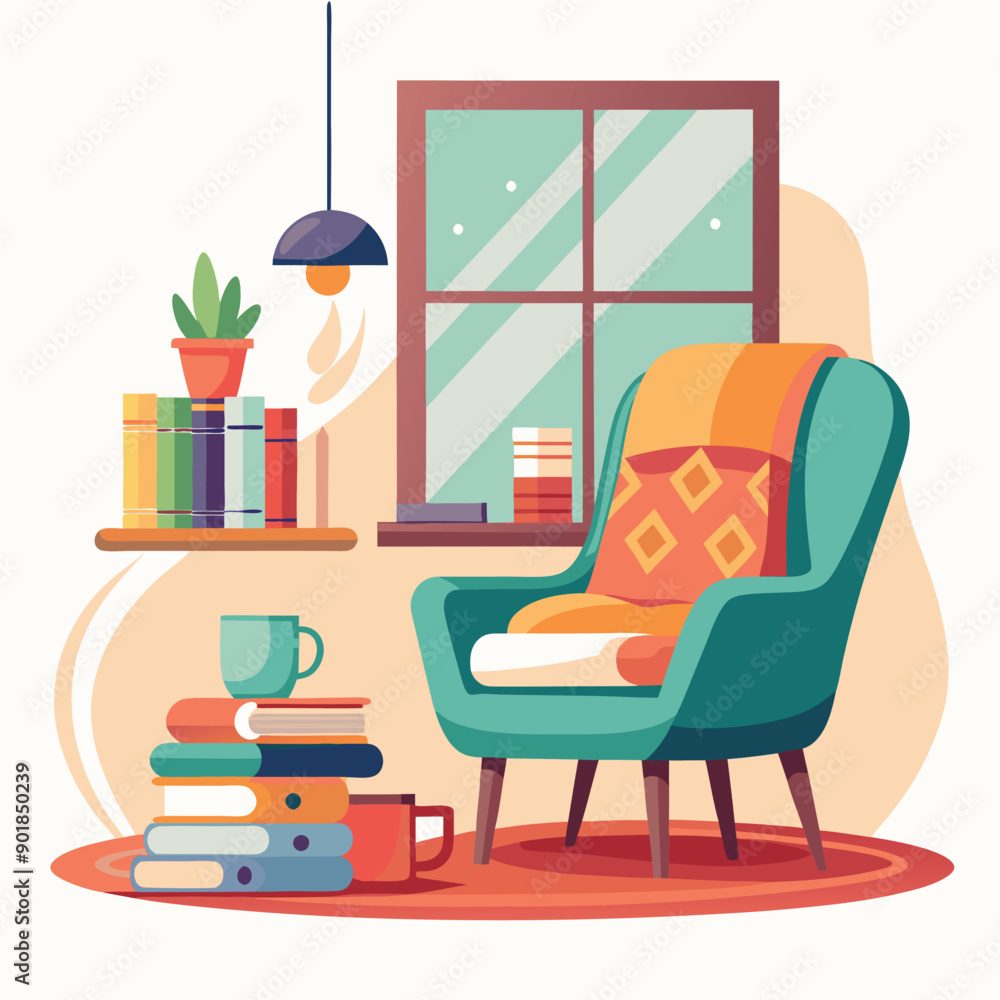 A minimalist reading nook with a comfortable chair, flat vector illustration A minimalist reading nook with a comfortable chair, flat vector illustration