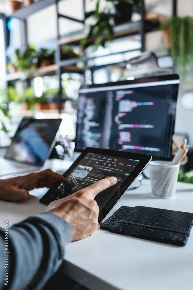 Modern Workspace with Software Developer Testing Mobile App on Tablet for Efficient Productivity Modern Workspace with Software Developer Testing Mobile App on Tablet for Efficient Productivity