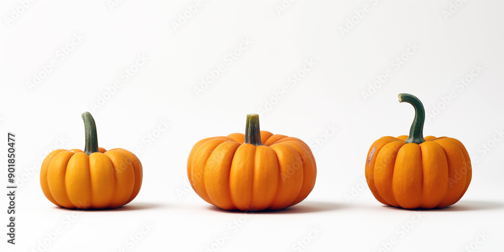 A clean composition of three small pumpkins of varying sizes and shades of orange, arranged neatly on a white background. A clean composition of three small pumpkins of varying sizes and shades of orange, arranged neatly on a white background.