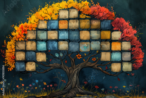 A wide strong  family tree template with empty cells for user input with dark background