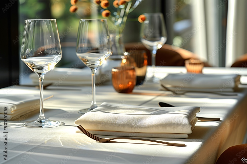 Elegant table setting with candles in restaurant. Selective focus. Romantic dinner setting with candles on table in restaurant.