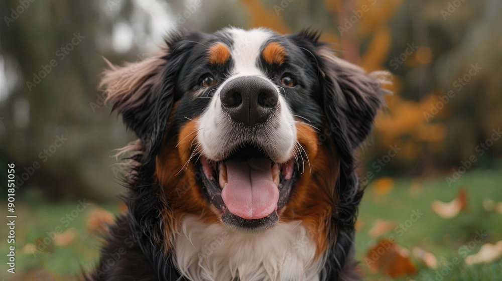 Large white brown and black dog with tongue out in outdoor photo Large white brown and black dog with tongue out in outdoor photo