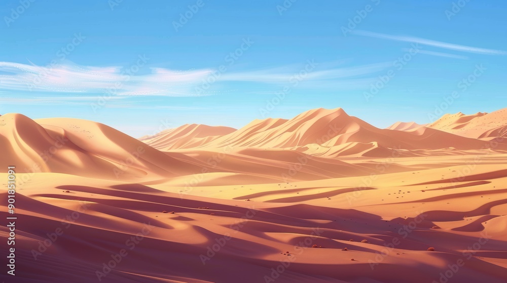 Naklejka premium Vast Desert Landscape with Rolling Sand Dunes Under Clear Blue Sky - Ideal for Wall Art, Travel Websites, or Posters