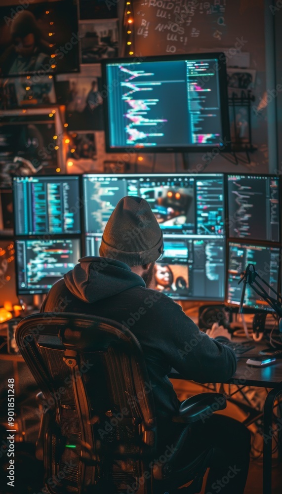 Focused Software Developer Coding in Dimly Lit Room with Multiple Screens Displaying Complex Code Focused Software Developer Coding in Dimly Lit Room with Multiple Screens Displaying Complex Code