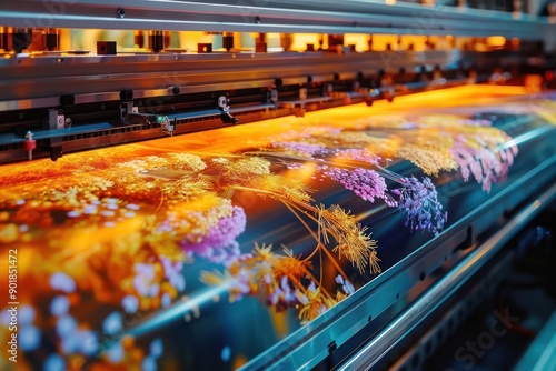 Close-up of a large format printer producing high-quality, colorful panaflex prints, capturing the intricate details and vibrant hues. photo