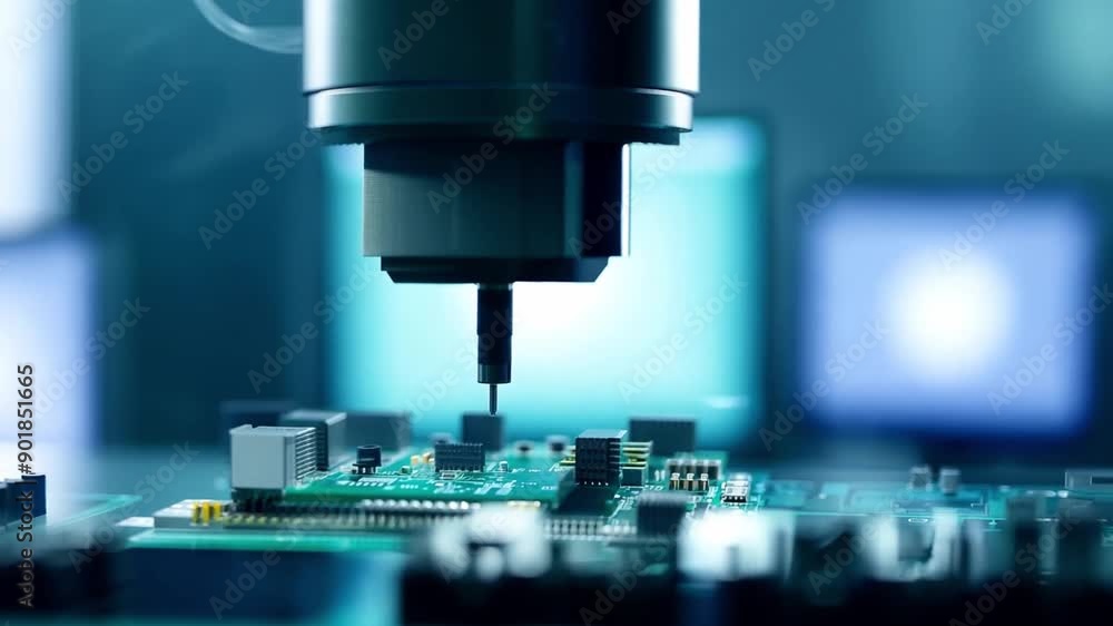 A robotic arm carefully places a component onto a circuit board during the assembly process in a clean, modern factory environment. A robotic arm carefully places a component onto a circuit board during the assembly process in a clean, modern factory environment.
