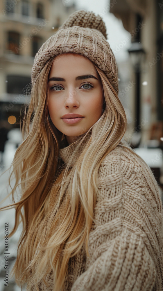 a 24-year-old beautiful woman with long golden blonde shiny hair, light grey eyes,exploring snowy city streets,generative ai a 24-year-old beautiful woman with long golden blonde shiny hair, light grey eyes,exploring snowy city streets,generative ai