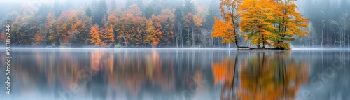 Autumnal Reflections in a Misty Lake