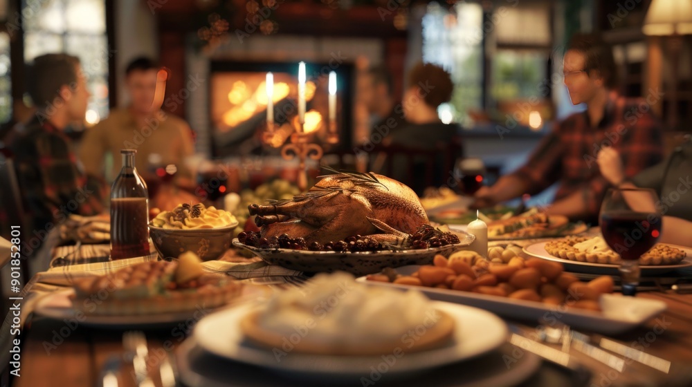 A roasted turkey centerpiece on a table with various side dishes, surrounded by blurred figures of people gathered for a celebratory meal.