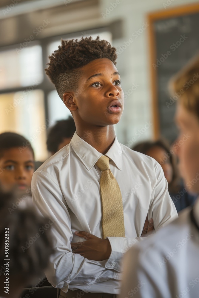 Obraz premium Confident Schoolboy Leading Classroom Debate, Engaging Peers in Educational Discussion