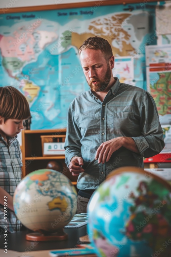 Interactive Geography Lesson with Teacher and Students in Well-Equipped Classroom Interactive Geography Lesson with Teacher and Students in Well-Equipped Classroom