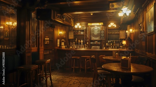 Classic bar scene with a traditional pub interior, showcasing wooden paneling, vintage decor, and a warm, inviting ambiance