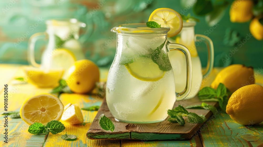 Fototapeta premium Lemon mint lemonade in a jug on a rustic yellow table
