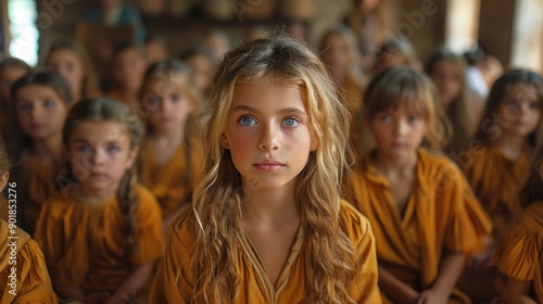 Group of children participating in a Sunday school class, listening to a teacher tell a Bible story