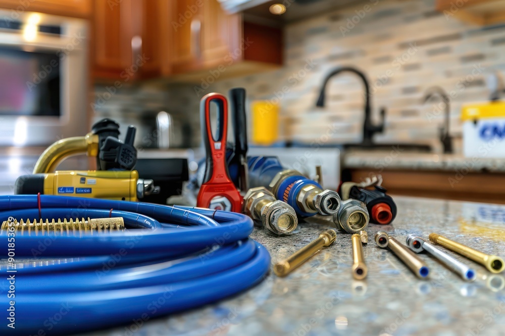 Close-up of plumbing equipment and tools on a kitchen countertop, highlighting the plumber’s work area and essentials. Close-up of plumbing equipment and tools on a kitchen countertop, highlighting the plumber’s work area and essentials.