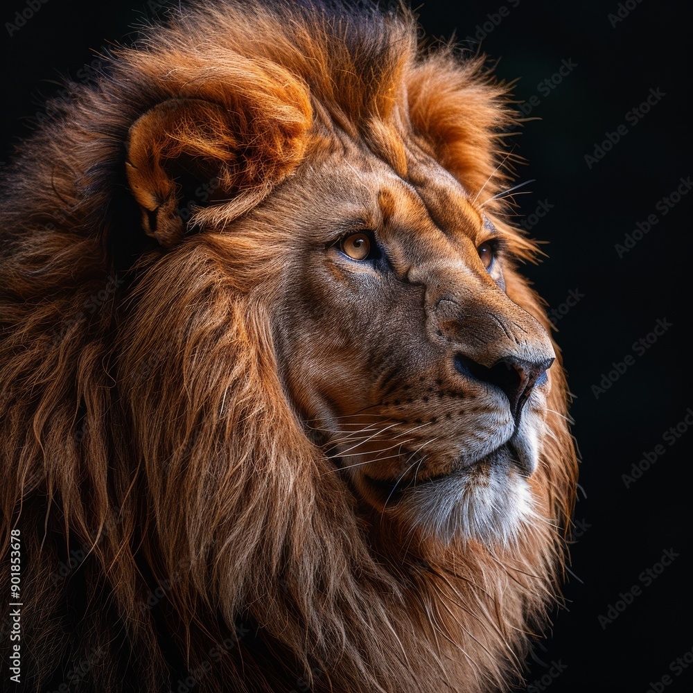 Naklejka premium Portrait of a majestic lion with its fur glowing in the sunlight against a black background