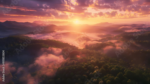 Golden Horizon: Sunrise Over Green Mountains and Valleys