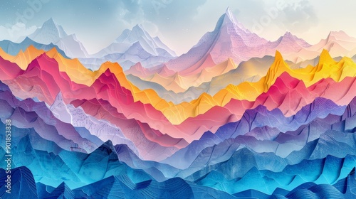 Vibrant Imagination with Paper Art Collage of Colorful Mountains and Sky in a Dreamlike Landscape