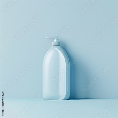 a blank bottle of shampoo on blue background - minimalistic advertising campain photo