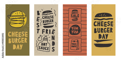 set of posters National Cheeseburger Day. banners for National Burger Day in retro, grunge style. Posters with muted colors. Post for social networks. Burger design concept vector art