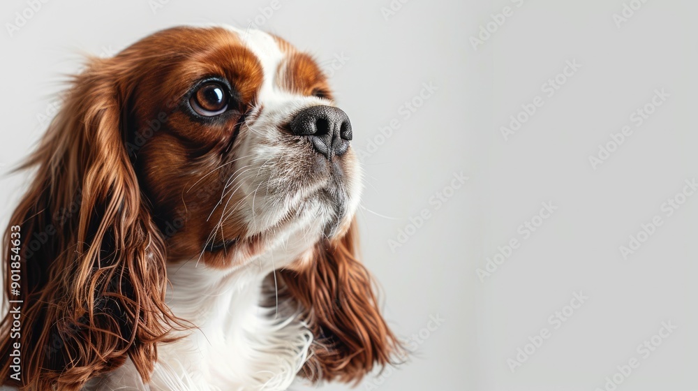Portrait of a charming King Charles Spaniel dog against white background representing movement beauty fashion breeds pet affection with room for advertisement Portrait of a charming King Charles Spaniel dog against white background representing movement beauty fashion breeds pet affection with room for advertisement