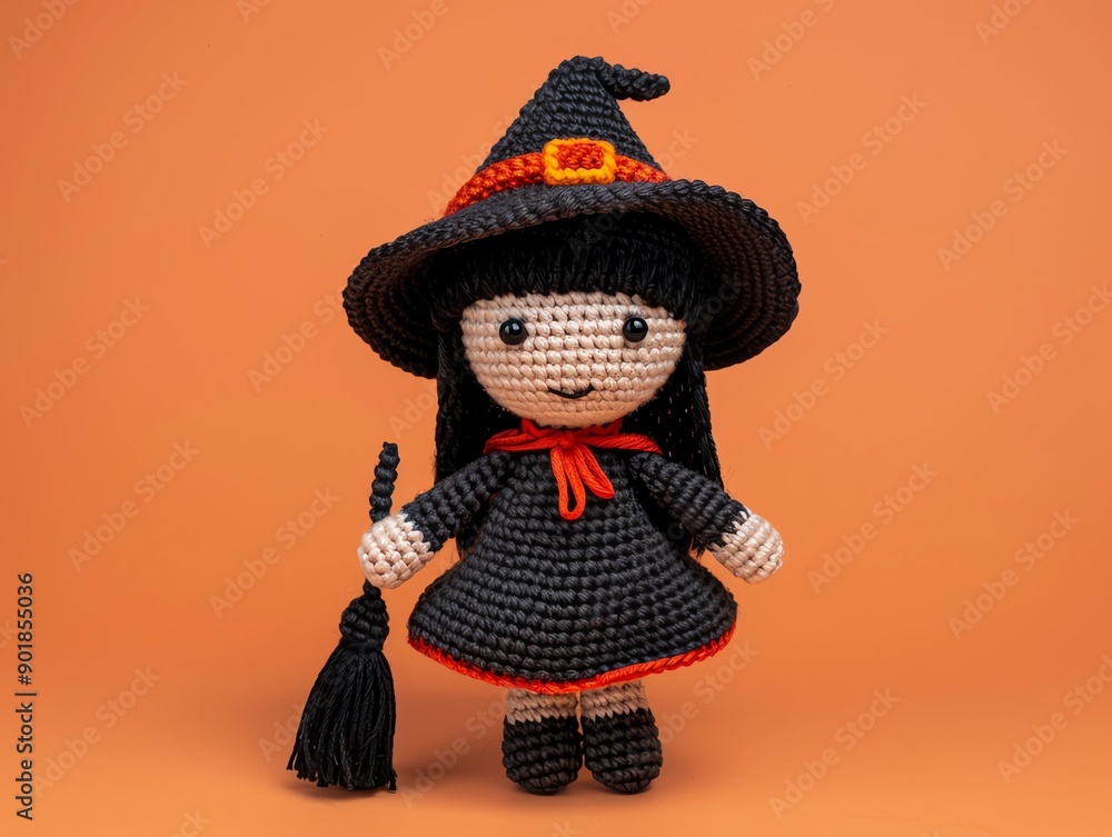 Obraz premium Adorable crochet witch amigurumi with a tiny hat and broom, Halloween character, handmade doll