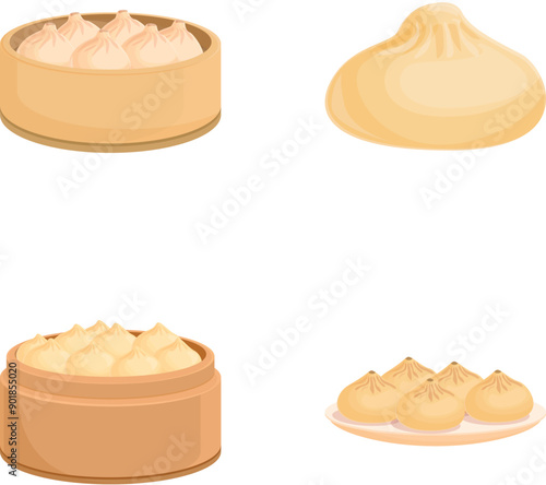 Bao zi icons set cartoon vector. Baozi with bamboo steamer basket. Asian food
