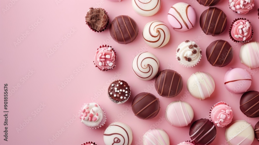 Chocolate and white drage candy collection with natural sweets mockup banner on pink background for dessert designs