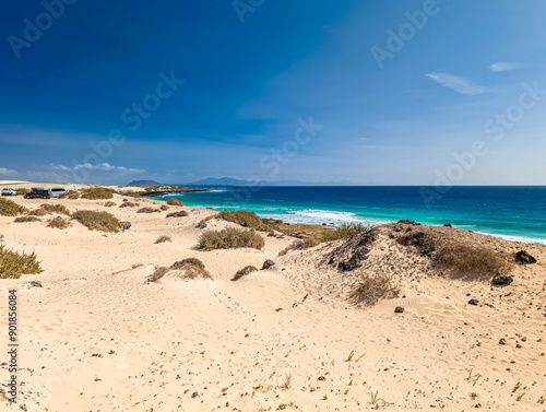 Aerial view of Dunas de Corralejo beach in Fuerteventura, Canary Island