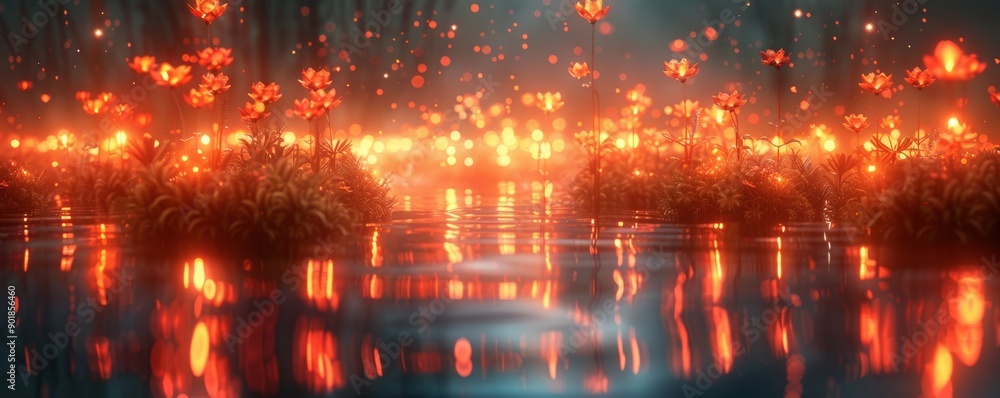 Enchanted Dreamscape: A Surreal Landscape of Glowing Flowers Reflecting in a Mystical Water Body Enchanted Dreamscape: A Surreal Landscape of Glowing Flowers Reflecting in a Mystical Water Body