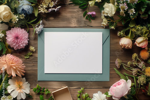 Garden Party Invitation Card Mockup on White Desk Top View #901856891