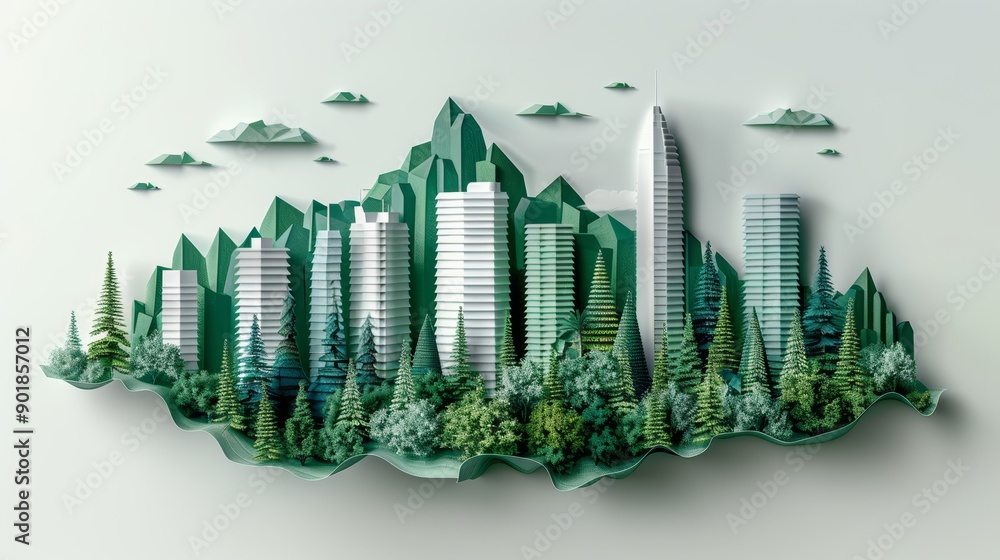 Obraz premium Sustainable ESG Green Concept with Paper Art Collage Depicting Modern Urban Landscape and Nature Harmony
