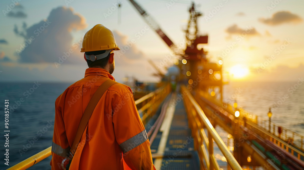 Golden Hour on the Oil Rig: A lone worker surveys the vast ocean at sunset, the silhouettes of the oil rig standing tall against the fiery sky. Golden Hour on the Oil Rig: A lone worker surveys the vast ocean at sunset, the silhouettes of the oil rig standing tall against the fiery sky.