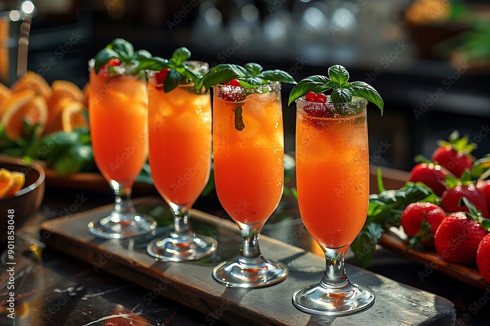 a row of glasses with orange liquid and strawberries. a row of glasses with orange liquid and strawberries.