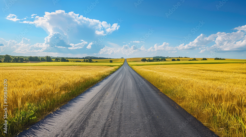 Asphalt road among golden wheat fields, characteristic of the summer, rural landscape. Charming views of agricultural lands and blue sky. Asphalt road among golden wheat fields, characteristic of the summer, rural landscape. Charming views of agricultural lands and blue sky.