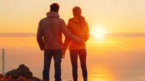 Sunset Romance: A couple embracing, silhouetted against a fiery sunset, their love story unfolding against the backdrop of a breathtaking vista.   photo